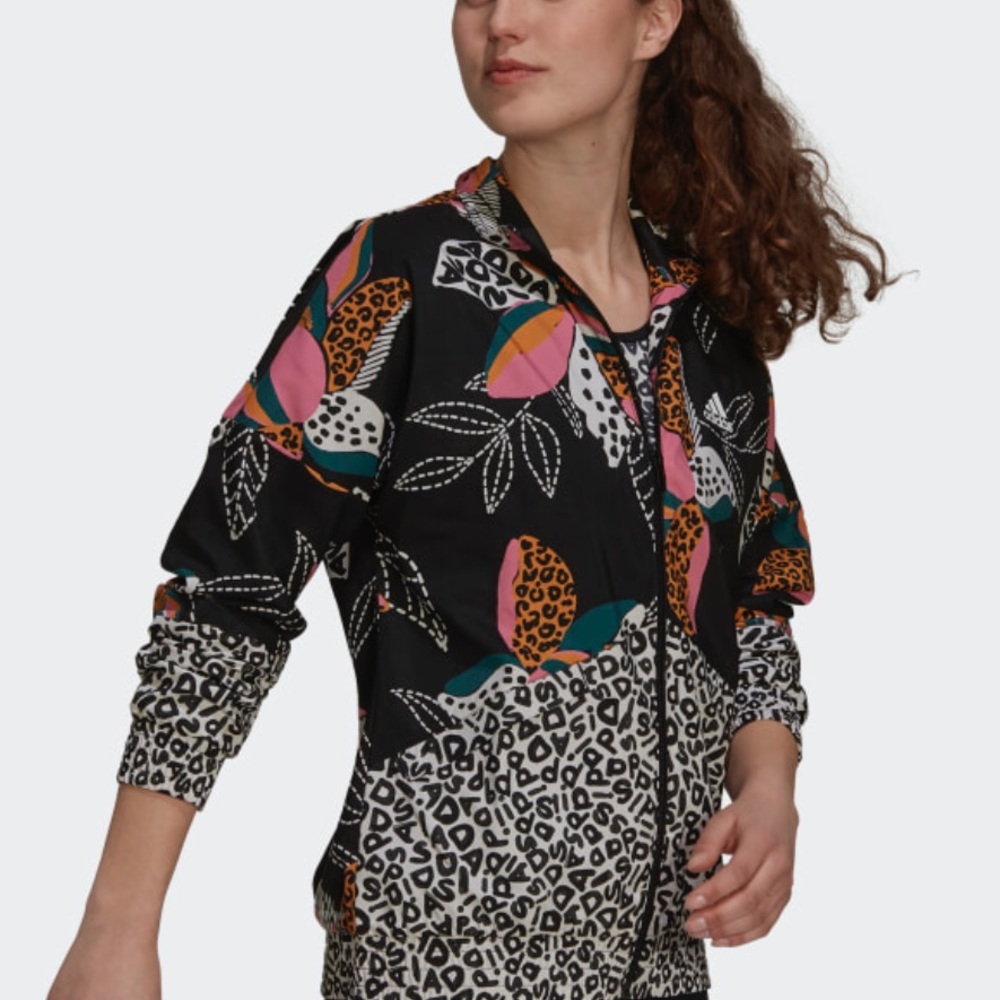 adidas Black Floral & Leopard Print Zip Hoodie with Pink, Teal & Orange Accents